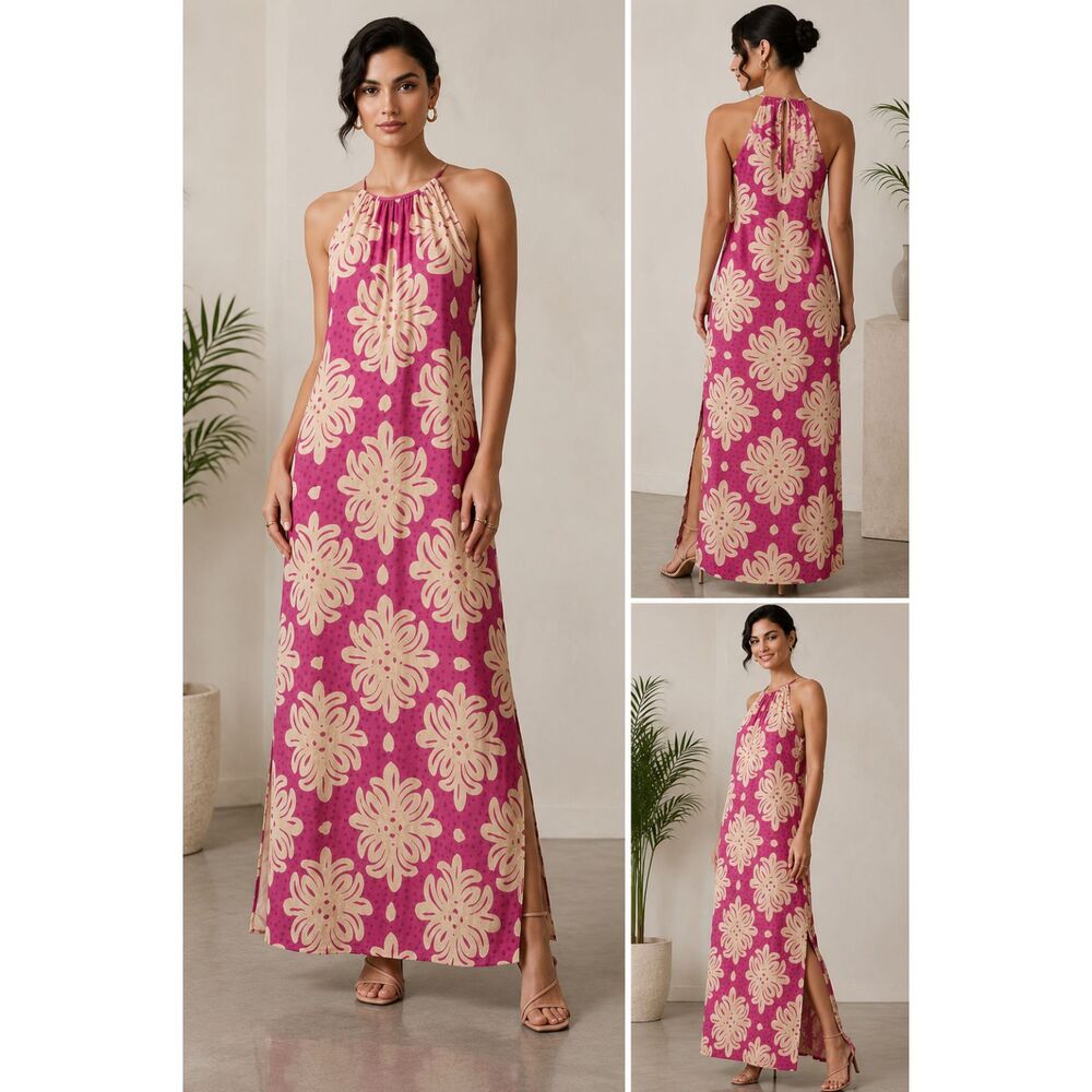 Vineyard Vines Silk Blend Halter Maxi Dress Pink Tropical Floral Resort Coastal